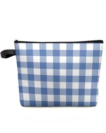 Cosmetic Bags Pastoral Style Dark Blue Plaid Makeup Bag Pouch Travel Essentials Lady Women Toilet Organizer Storage Pencil Case