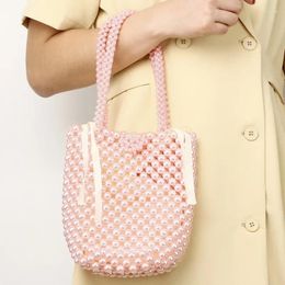 Drawstring Women's Spring Summer DIY Woven Pink Pearl Banquet Bag Customized Handmade Beaded Finished Bucket Bags Handbag