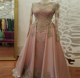 Long Sleeve Gold Evening Dresses for Women Wear Lace Appliques Abiye Dubai Caftan Arabic Prom Party Gowns4516006