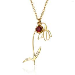 Pendant Necklaces Fashion 304 Stainless Steel Birth Month Flower Necklace 18k Gold Colour Hollow Plant Rolo Chain Birthday Gift 38cm Long