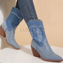 Western 614 Winter Cowboy Autumn Pointed Toe Patchwork Rhinestones Mid Calf Comfy Walking Embroidery Ladies Boots 240407 5