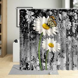 Shower Curtains Daisy Chamomile Retro Wooden Grain Background Bathroom Butterfly Floral Plant Curtain For Home Decor With Hooks