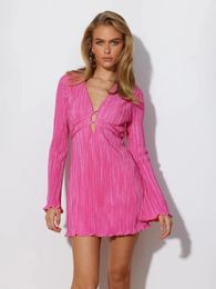 Casual Dresses Flare Long Sleeves Pleated Shiny Slim Fit Deep V-neck Sexy Women Party Mini Dress