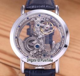 New Golden Bridge 42mm Steel Case Silver Diamond Inner Skeleton Dial Automatic Tourbillon Mens Watch Sports Watches Blue Leather C8749467