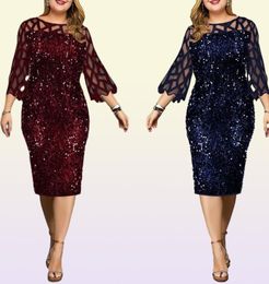 Plus Size Dresses Party Dress Ladies Midi Sequin Mesh Long Sleeve Lace Elegant Bodycon XL4XL 5XL Evening Woman Summer 20213308978