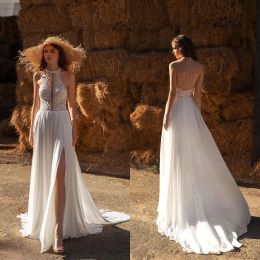 2024 Bohemia Wedding Dresses Halter Neck Lace Appliques Split Bridal Gowns Custom Made Backless Sweep Train A Line Wedding Dress