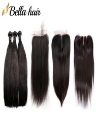 Peruvian Virgin Human Hair Wefts and Closure Weaves Silky Straight 3 Bundles Remy Hair Extensions Lace Closures 4x4 BellaHair9424751