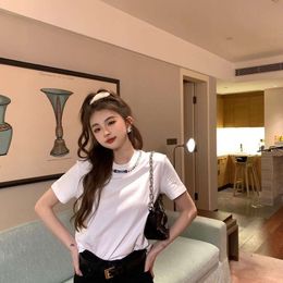 Miui T-shirt Designer Luxury Fashion Letter Printed Womens T-Shirt Early Spring New Rhinestone Collar With Decoration Round Neck T-shirt Crystal Embellishment