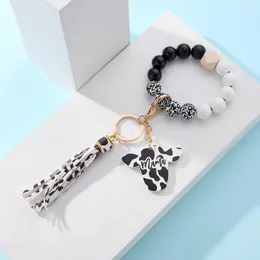 Keychains European And American Tassel Wood Beads Keychain Cow Tag Pendant Bracelet Creative Gift Cute