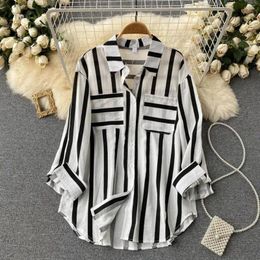 Women's Blouses Versatile Women Top Stylish Casual Shirt With Long Sleeve Lapel Vertical Striped Pattern Loose Fit Single For Streetwear
