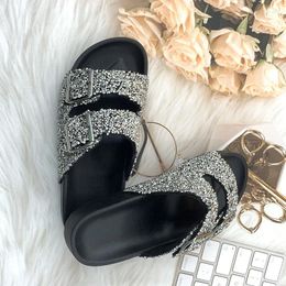 Slippers Women Summer Sandals Sequins Double Buckle Flip Flops Comfortable Women's Open Toe Outdoor