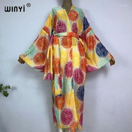 Bohemian Bronzing Print Bikini Cover-ups Elegant Self Belted Kimono Dress Women Summer Holiday Beach Wear Cover Up