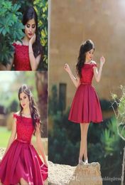 Little Red Short Cocktail Dresses Knee Length Off the Shoulder Lace Top A Line Satin Formal Party Wear Short Prom Dress9635915