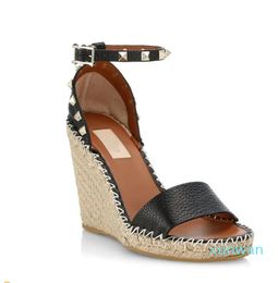 Luxury brands calfskin leather sandal ankle strap wedge Caged Wedge espadrille black nude brown High Heels genuine leather High heel With Box
