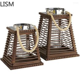 Candle Holders Large Rattan Wood Glass WindProof Lantern El Garden Courtyard Outdoor Wedding Decoration Candelabra