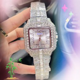 Famous day date time 3 pointer watch Fashion Shiny Starry Crystal Diamonds Ring Bezel Men Clock Quartz Battery Square Good Looking Chain Bracelet Watches Gifts