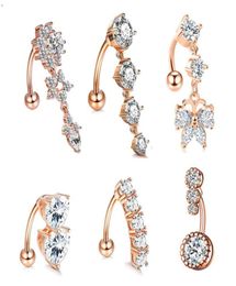 6 in 1 Body Peircing Jewellery Kit Dangle Heart Flowers Navel Rings CZ Belly Bars for Women and Grils9433015