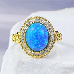 Cluster Rings 2024 925 Silver Plated Gold Inlaid 8 10mm Oval Opal Blue Fashion Ring Small And Versatile