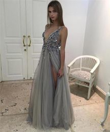 Sexy Thigh Split Evening Dresses Plunging Neckline Beaded Pearls Crystal Backless Prom Gowns Floor Length Tulle Evening Party Dres9407654