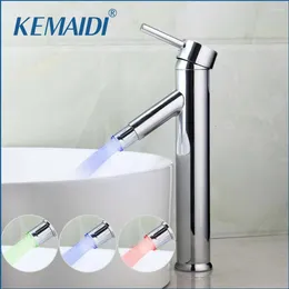 Bathroom Sink Faucets KEMAIDI LED Light Faucet Chrome Finished Mixer Single Handle Deck Mounted Wash Basin Vessel Torneira Tap