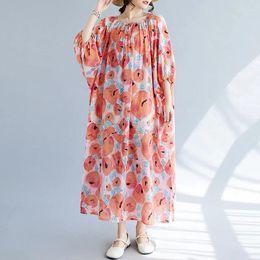 Party Dresses Batwing Sleeve Plus Size Loose Summer Dress For Women Thin Cotton Linen Print Floral Vintage Beach Casual Long Oversize