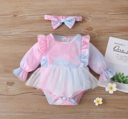 Baby Clothes Girls Dress Romper Headbands 2Pcs Rainbow Ruffle Mesh Infant Jumpsuits Long Sleeve Newborn Bodysuit Children Clothi1507836