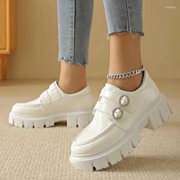 Casual Shoes Crystal Buckle Chunky Heels Pumps Women White Patent Leather Platform Loafers Woman Thick Bottom Non-Slip Gothic Ladies