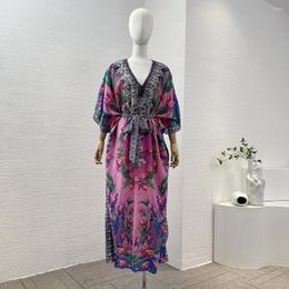 Casual Dresses Gorgeous 2024 Vintage Free Size Silk Flower Dress For Women V-neck High Quality Long Sleeve Sashes