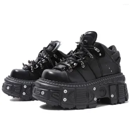 Casual Shoes 2024 Punk Style Women Lace-up Heel Height 6CM Platform Woman Gothic Ankle Rock Boots Metal Decor Sneakers