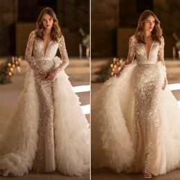 Luxury Mermaid Wedding Dresses V Neck Long Sleeves Detachable Train Bridal Gowns Custom Made Appliques Lace