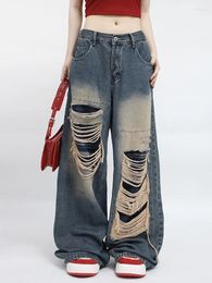 Women's Jeans American Style Old Niche Yellow Mud Ripped Vintage Blue Skinny Girl Pants Trendy Brand Wide-leg