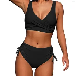 Women's Swimwear 2024 Women Ruched Split Swimsuit Solid Wrap Lace Up Sexy Bikinis Sets High Waist Tankini Bottoms Brazilian
