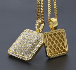 Hip Hop Men039s Rhinestone square pendant necklace Gold Filled blingbling Licence Charm cuban Chain For Man HipHop Je5262554