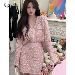 Work Dresses Pink Small Fragrant Style Knitted Skirt Sets Women Spring/Autumn Elegant Celebrity Short Coat Half Two Piece Set