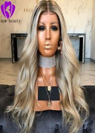 Blonde Hair Long body wave Ombre Blonde Color Lace Front Wig Glueless Dark Root Synthetic Lace Front Wigs9658104