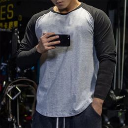 Men Cotton T shirt Long Sleeve Patchwork Shirt Bodybuilding Curved Hem Workout Fitness T-shirt Men Spring Autumn sport Clothing 240408