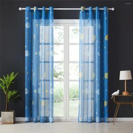 Curtain 1 Panel Blue Cartoon Kids Bedroom Curtains Star Planet Printed Tulle Sheer For Boys Room Dream Window Home Decoration