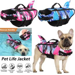 Pet Dog Life Jacket Vest Clothes Life Vest Collar Harness Pet Dog Swimming Summer Swimwear Clothes Camouflage Shark Blue Fuchsia 240411