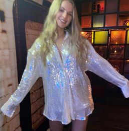 Women039s TShirt Autumn Women39s Casual White Sparkling Long Tshirt Dress Coat Women Fashion Colorful Sequined Cardigan Ove5143969