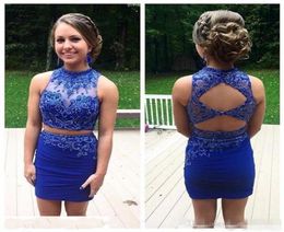 Royal Blue Tight Homecoming Dresses Two Piece Modest Prom Dresses Sleeveless Backless Mini Cocktail Dresses Beaded Party Dress po16711248