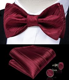 Bow Ties Classic Men Burgandry Red Silk Bowties Butterfly Nots Pocket Square Cufflinks Set Suit Solid Self-Tie Tie Gift