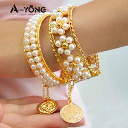 AYONG Elegant Pearls Gold Bracelets 21k Gold Plated Luxury Cuff Bangle Turkish Middle East Muslim Party Jewellery Event Gifts240403