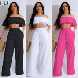 Women's Two Piece Pants HLJ Elegant Lady Ruffle Design Wide Leg Sets Women Off Shoulder Crop Top And Outfits Fashion OL Clothing
