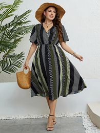 Plus Size Girl Dress Summer Retro Dot Vertical Striped Multicolor Vintage Vacation Holiday Daily Casual Princess 240411