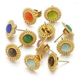 Stud Earrings 6pcs Cute Stainless Steel Natural Stone Opal Flowers Gold Plated Round Korean Ear Rings Earring For Women Jewelry