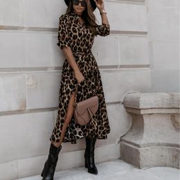 Casual Dresses Euramerican Stylish Sexy Leopard Button Long Dress Belt