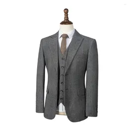 Men's Suits Dark Grey Herringbone Wedding Tuxedos 3-Piece Jacket Pants Vest Formal Notched Lapel Men Conjuntos De Chaqueta
