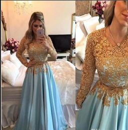 Charming Light Blue Gold Lace Evening Pageant Dresses Long Sleeve beaded belt middle east country Prom dresses Party Gown Dress6369323
