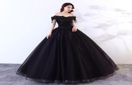 Black Ball Gown Gothic Wedding Dresses Off the Shoulder Beaded Lace Tulle Floor Length Corset Back Princess Colourful Non White Bri7349381