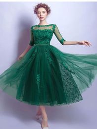 Dark Green Prom Dress tea length Tulle Lace Prom Dresses Evening Gowns Scoop Sleeveless Zipper with buttons Back 2018 New Arrival 4159313